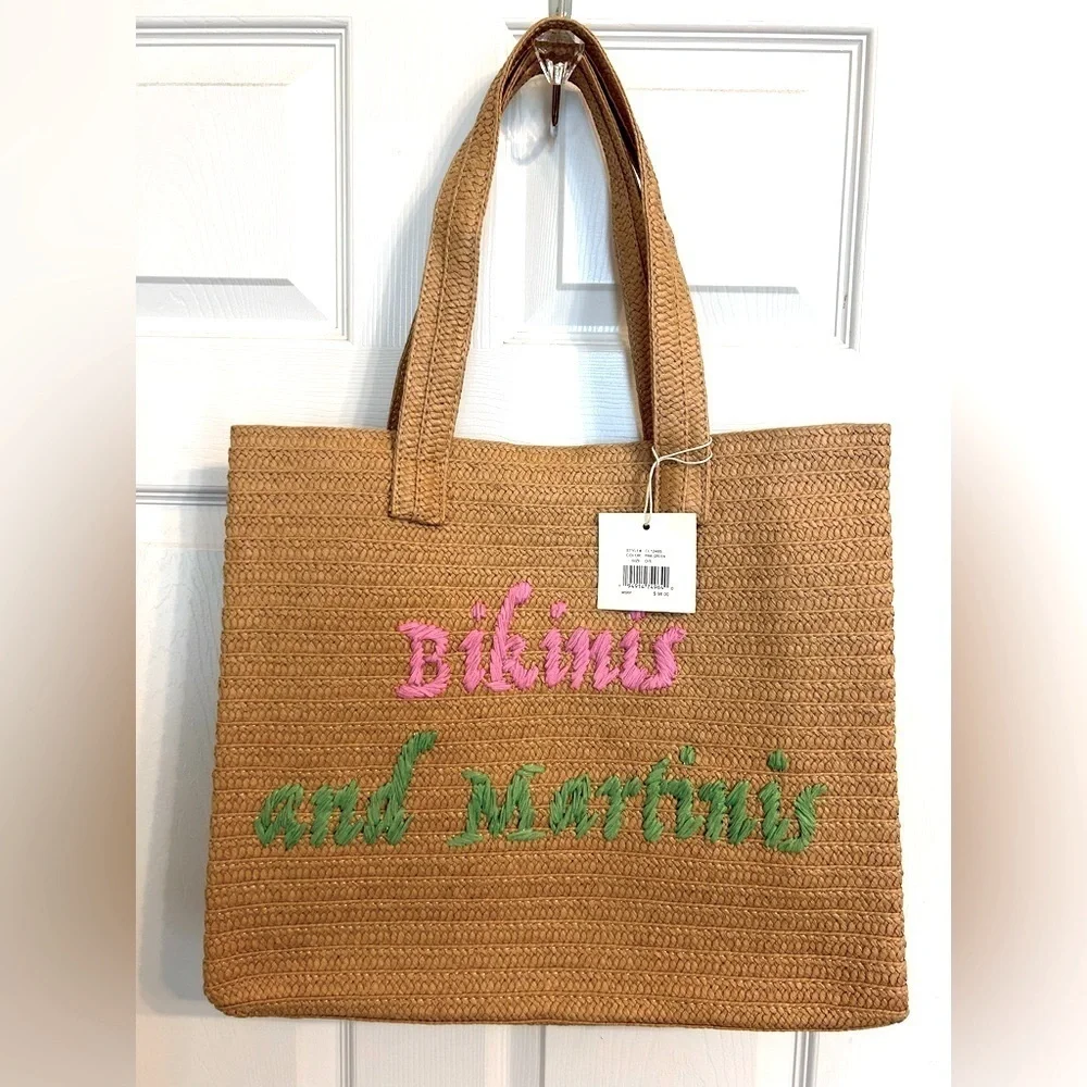 NWT Sol And Mer, Bikinis and Martinis Braided Straw Tote, Tan - Picture 2 of 7
